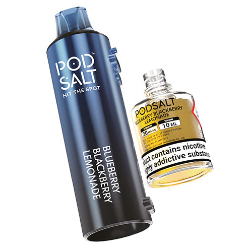 Pod Salt vape device and super berry lemonade bottle on a white background