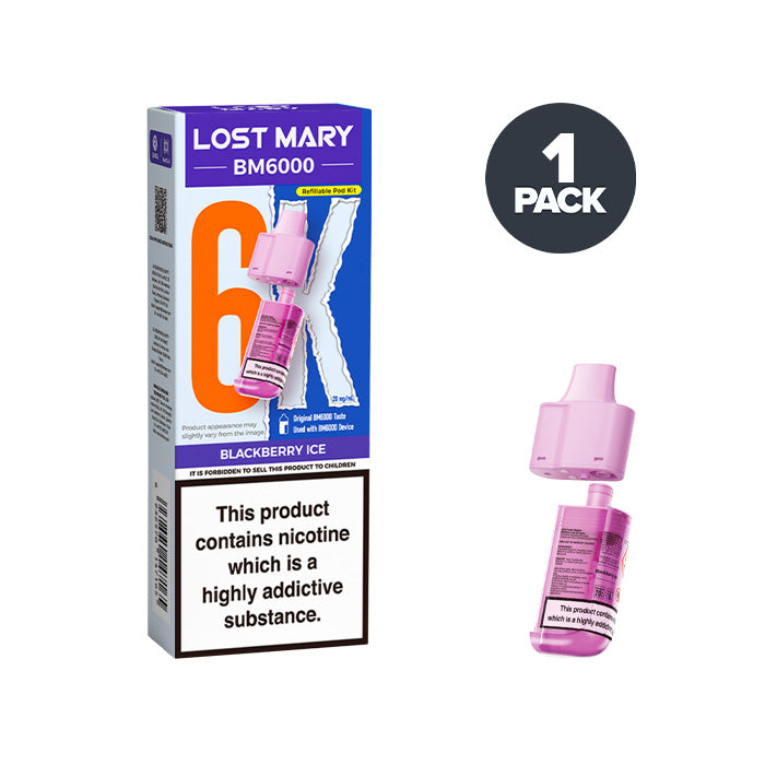 Blackberry Ice Lost Mary BM6000 Prefilled Pod and Box on a white background