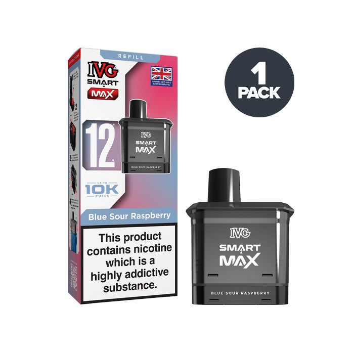 Blue Sour Raspberry IVG Smart Max Prefilled Pod and Box on a white background