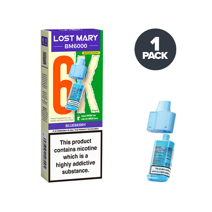 Blueberry Lost Mary BM6000 Prefilled Pod and Box on a white background