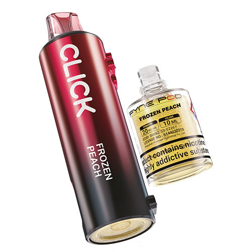 Red and black 'CLICK' vape device with a glass bottle labeled 'Frozen Peach' on a white background.