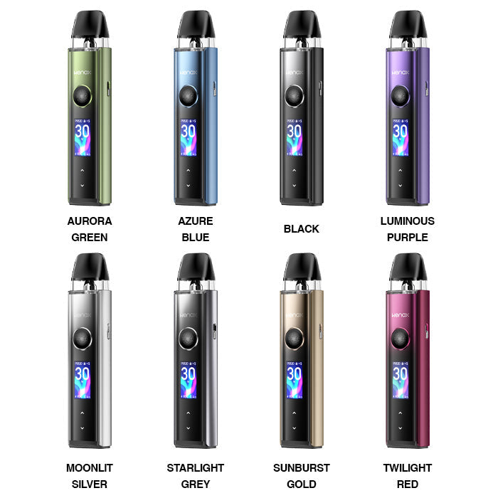 Assorted colours of a Geekvape Wenax Q Pro vaping device with digital display on a white background