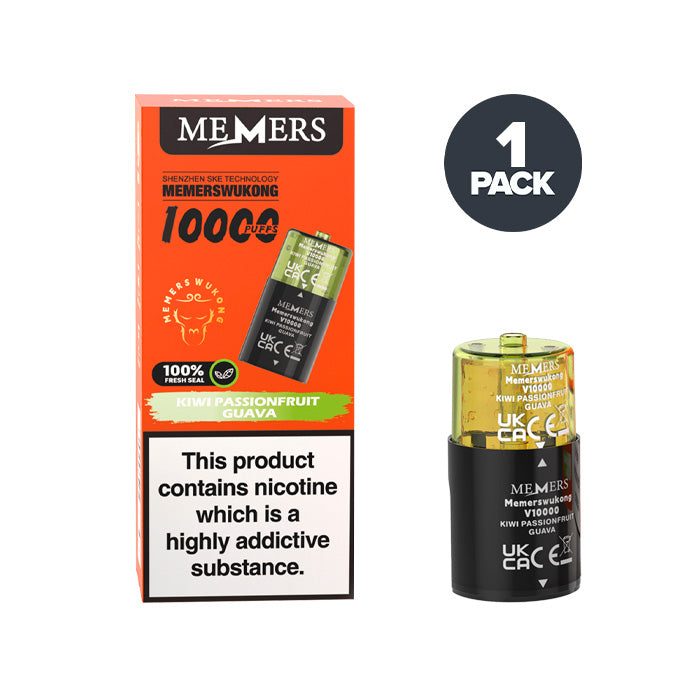 Kiwi Passionfruit Guava Memers Wukong V10000 Prefilled Pod and Box on a white background