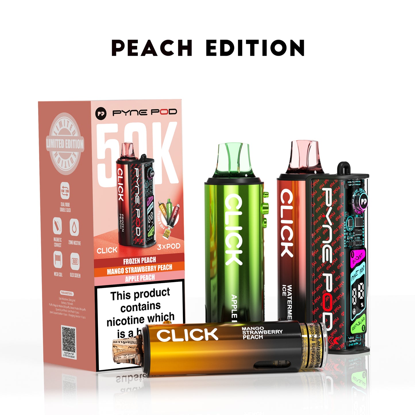 Collection of Click vape devices and packaging with a focus on the peach edition.