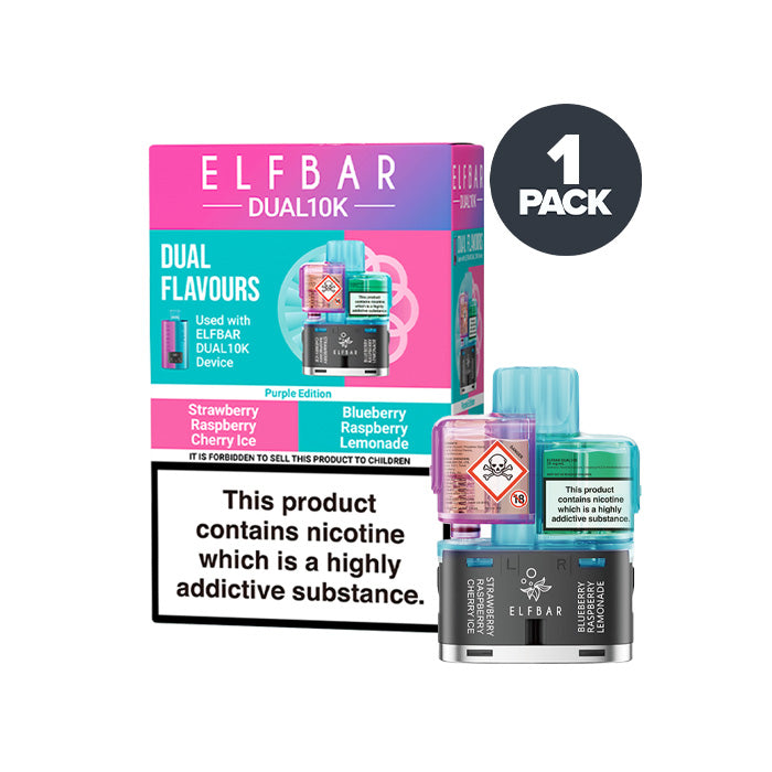 Purple Edition Elf Bar Dual 10K Refill and Box on a white background