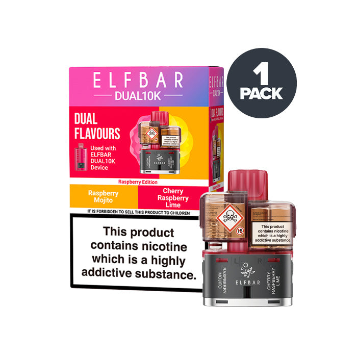 Raspberry Edition Elf Bar Dual 10K Refill and Box on a white background