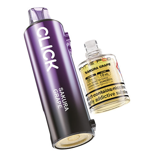 Purple vape device with 'CLICK' branding and a glass bottle of Sakura Grape flavor on a white background.
