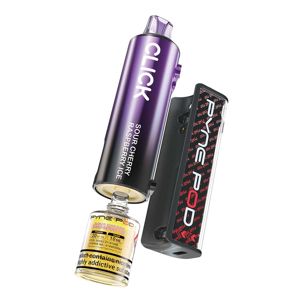 click pyne pod vape Pyne Pod Click 10K Sour Cherry Raspberry Ice Starter Kit – My Vapery UK