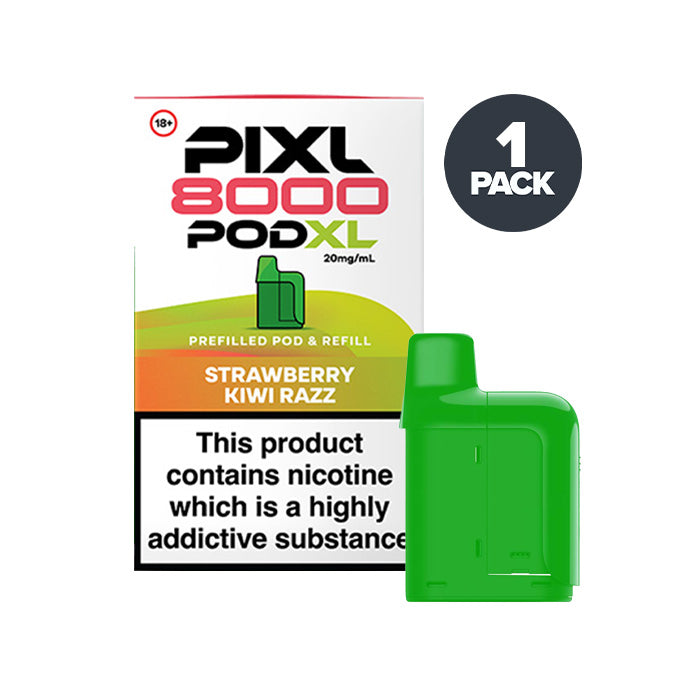 Strawberry Kiwi Razz PIXL 8000 Prefilled Pods on a white background