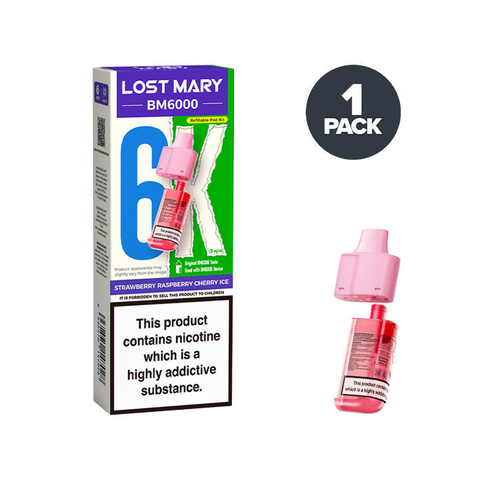 Strawberry Raspberry Cherry Ice Lost Mary BM6000 Prefilled Pod and Box on a white background