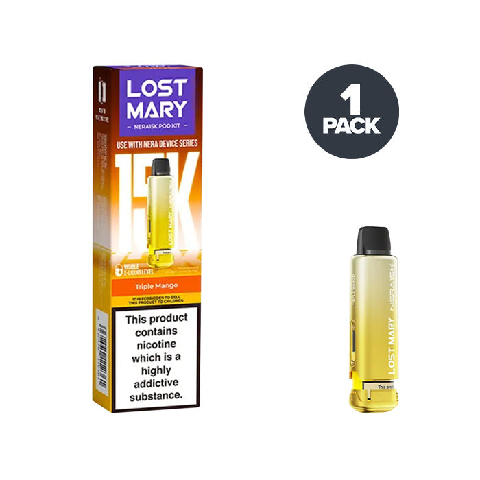 Triple Mango Lost Mary Nera 15K Pre-filled Pod and Box on a white background