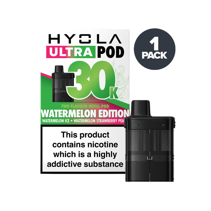 Watermelon Edition Hyola Ultra 30K Prefilled Pod and Box on a white background