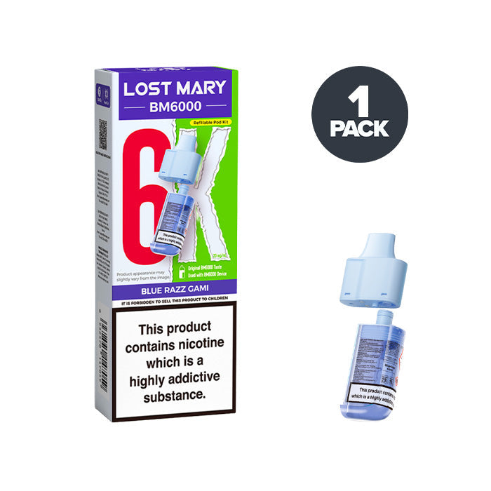 Blue Razz Gami Lost Mary BM6000 Prefilled Pod and Box on a white background