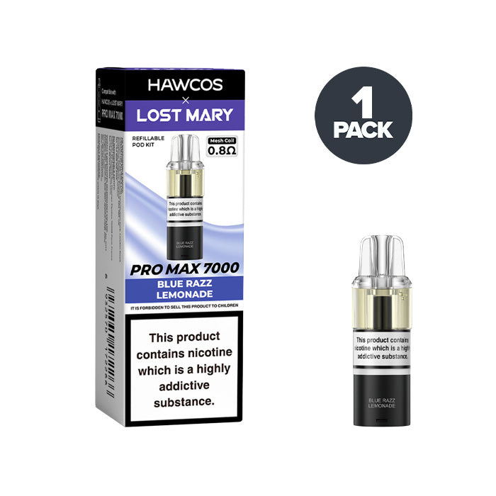 Blue Razz Lemonade Hawcos X Lost Mary 7000 Pro Max Prefilled Pod And Box on a white background