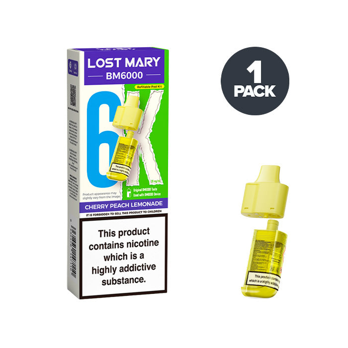 Cherry Peach Lemonade Lost Mary BM6000 Prefilled Pod and Box on a white background