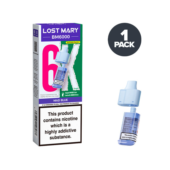 Mad Blue Lost Mary BM6000 Prefilled Pod and Box on a white background
