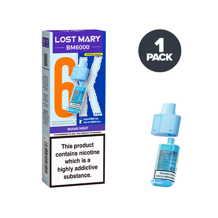 Miami Mint Lost Mary BM6000 Prefilled Pod and Box on a white background