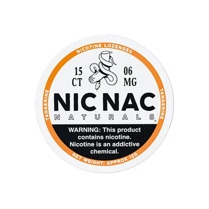 Closed can of Nic Nac Tangerine 6mg Nicotine Lozenges