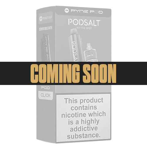 Pyn Pod salt packaging with 'Coming Soon' text and nicotine warning label.