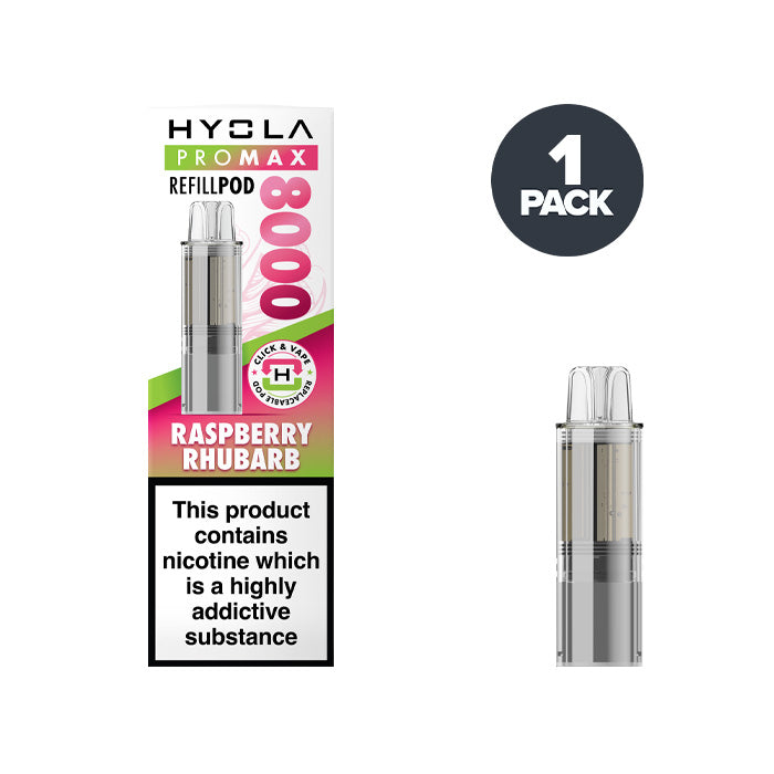 Raspberry Rhubarb Hyola Pro Max 8000 Prefilled Pod and box.