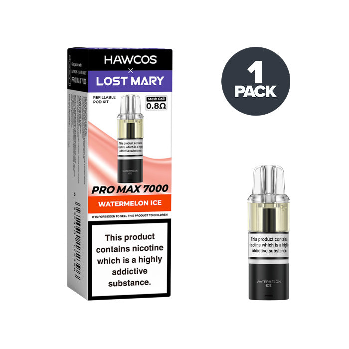 Watermelon Ice Hawcos X Lost Mary 7000 Pro Max Prefilled Pod and Box on a white background