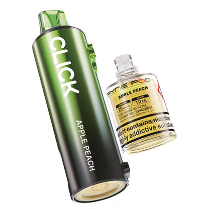 Green and black vape device with 'CLICK' branding and a glass bottle labeled 'Apple Peach'.