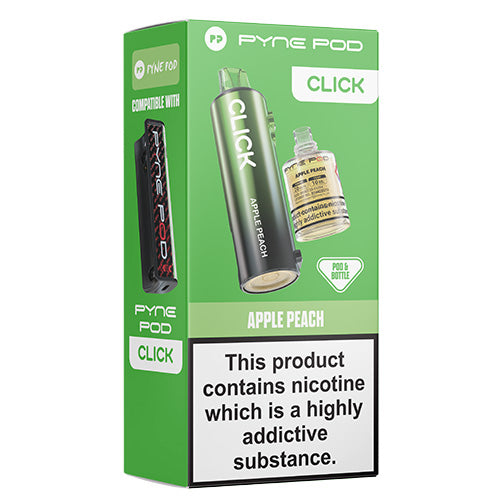 Green Pyne Pod Click packaging for Apple Peach flavor on a white background