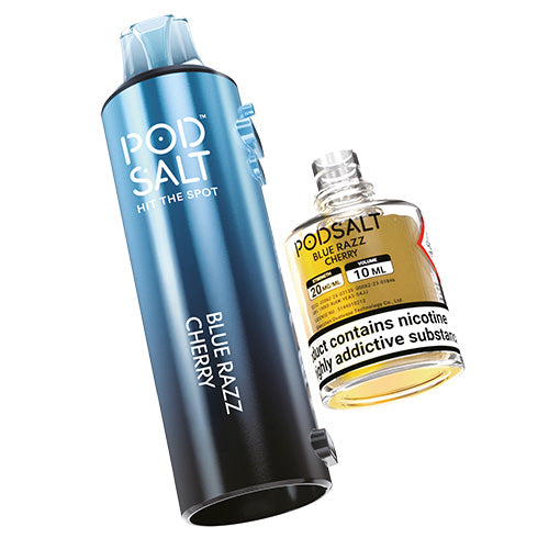Pod Salt vape device and Blue Razz Cherry e-liquid bottle on a white background