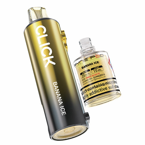 Gold and black vape device with strawberry banana flavor and a clear bottle of banana ice-flavored e-liquid on a white background.