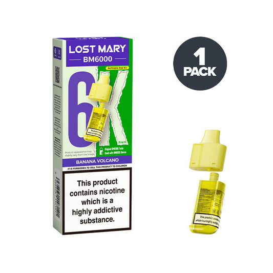 Banana Volcano Lost Mary BM6000 Prefilled Pod and Box on a white background