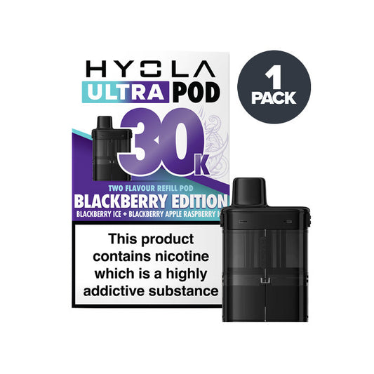 Blackberry Edition Hyola Ultra 30K Prefilled Pod and Box on a white background