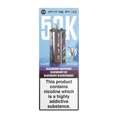 Pyne Pod Click Turbo 50K vape packaging in Blackberry Raspberry flavor, featuring a light blue and white box with a prominent nicotine warning label at the bottom.