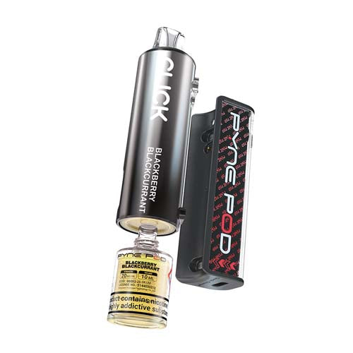 A Pyne Pod Blackberry vape device with its attached 10ml bottle, shown against a plain white background.