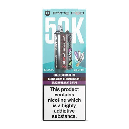 Pyne Pod Click 50K vape packaging in Blackcurrant Edition, featuring a light blue and white box.