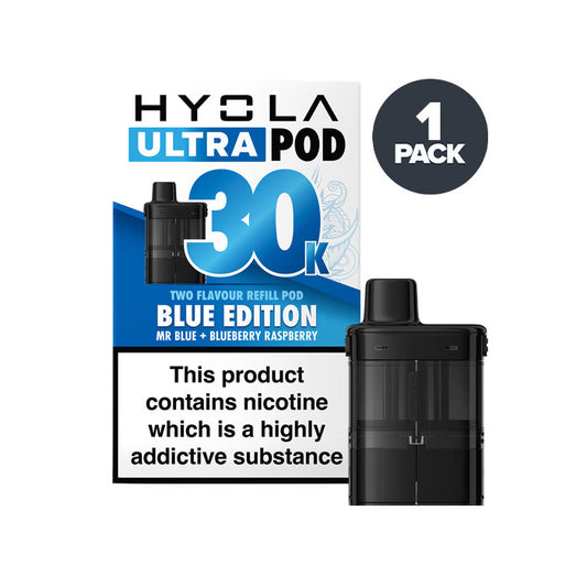 Blue Edition Hyola Ultra 30K Prefilled Pod and Box on a white background