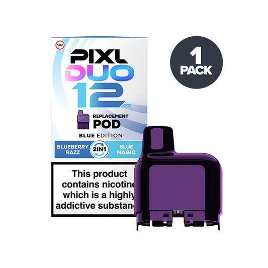 Blue Edition Pixl Duo 12 Prefilled Pod and Box on a white background