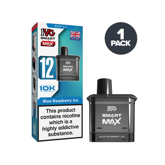 Blue Raspberry Ice IVG Smart Max Prefilled Pod and Box on a white background
