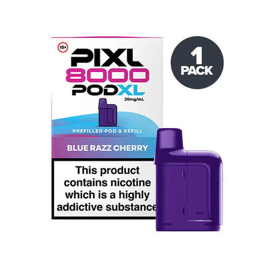 Blue Razz Cherry PIXL 8000 Prefilled Pods on a white background