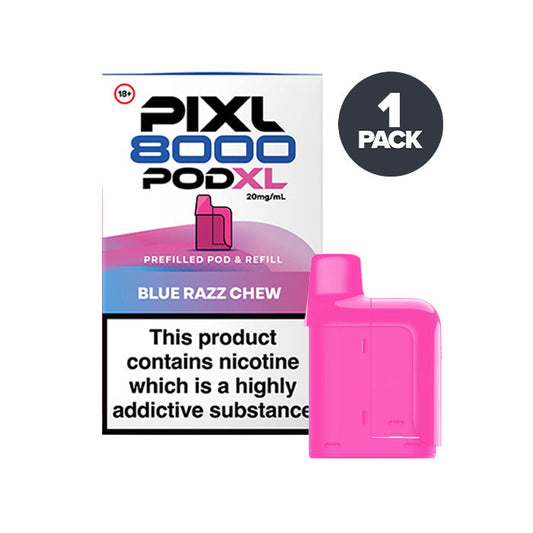 Blue Razz Chew PIXL 8000 Prefilled Pods on a white background