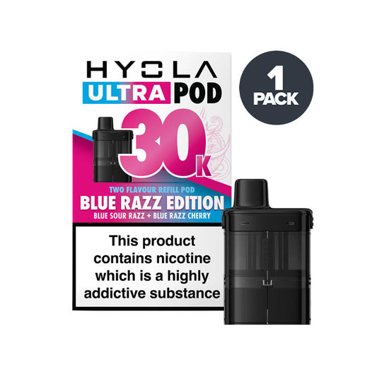 Blue Razz Edition Hyola Ultra 30K Prefilled Pod and Box on a white background