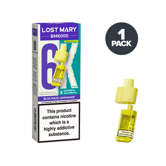 Blue Razz Lemonade Lost Mary BM6000 Prefilled Pod and Box on a white background