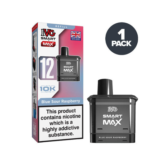 Blue Sour Raspberry IVG Smart Max Prefilled Pod and Box on a white background