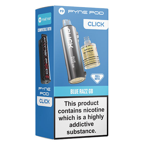 Pyne Pod Blue Razz GB packaging with nicotine warning on a white background