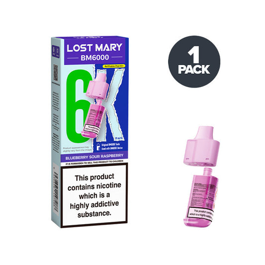 Blueberry Sour Raspberry Lost Mary BM6000 Prefilled Pod andBox on a white background