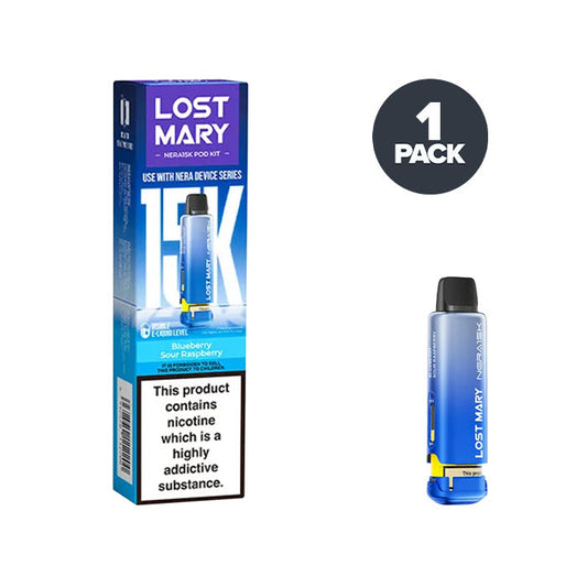 Blueberry Sour Raspberry Lost Mary Nera 15K Pre-filled Pod and Box on a white background
