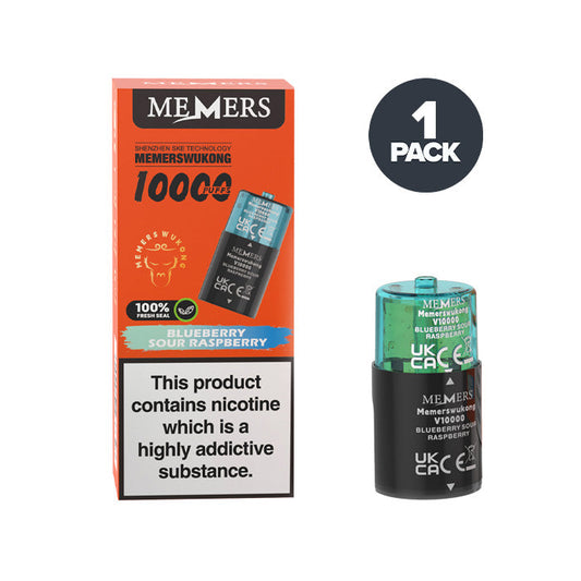 Blueberry Sour Raspberry Memers Wukong V10000 Prefilled Pod and Box on a white background