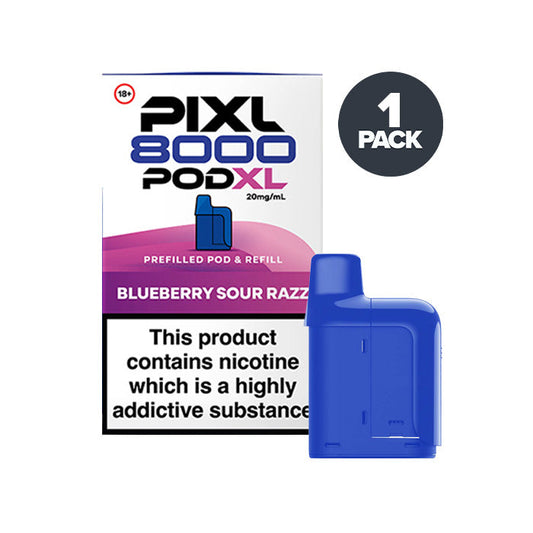 Blueberry Sour Razz PIXL 8000 Prefilled Pods on a white background