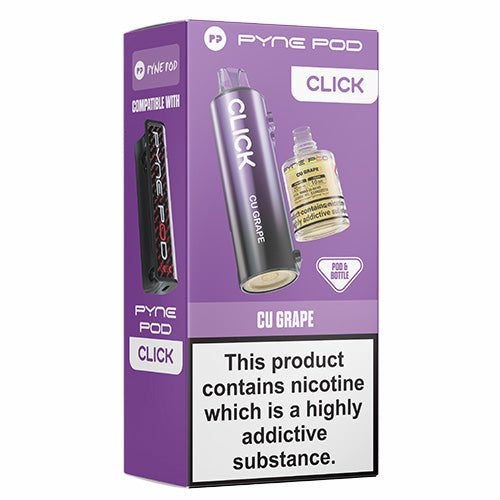Purple packaging of Pyne Pod Click CU Grape with product images and text on a white background