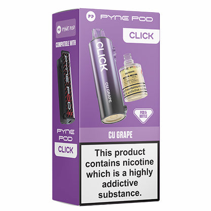 Purple packaging of Pyne Pod Click CU Grape with product images and text on a white background