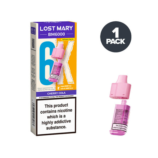 Cherry Cola Lost Mary BM6000 Prefilled Pod and Box on a white background
